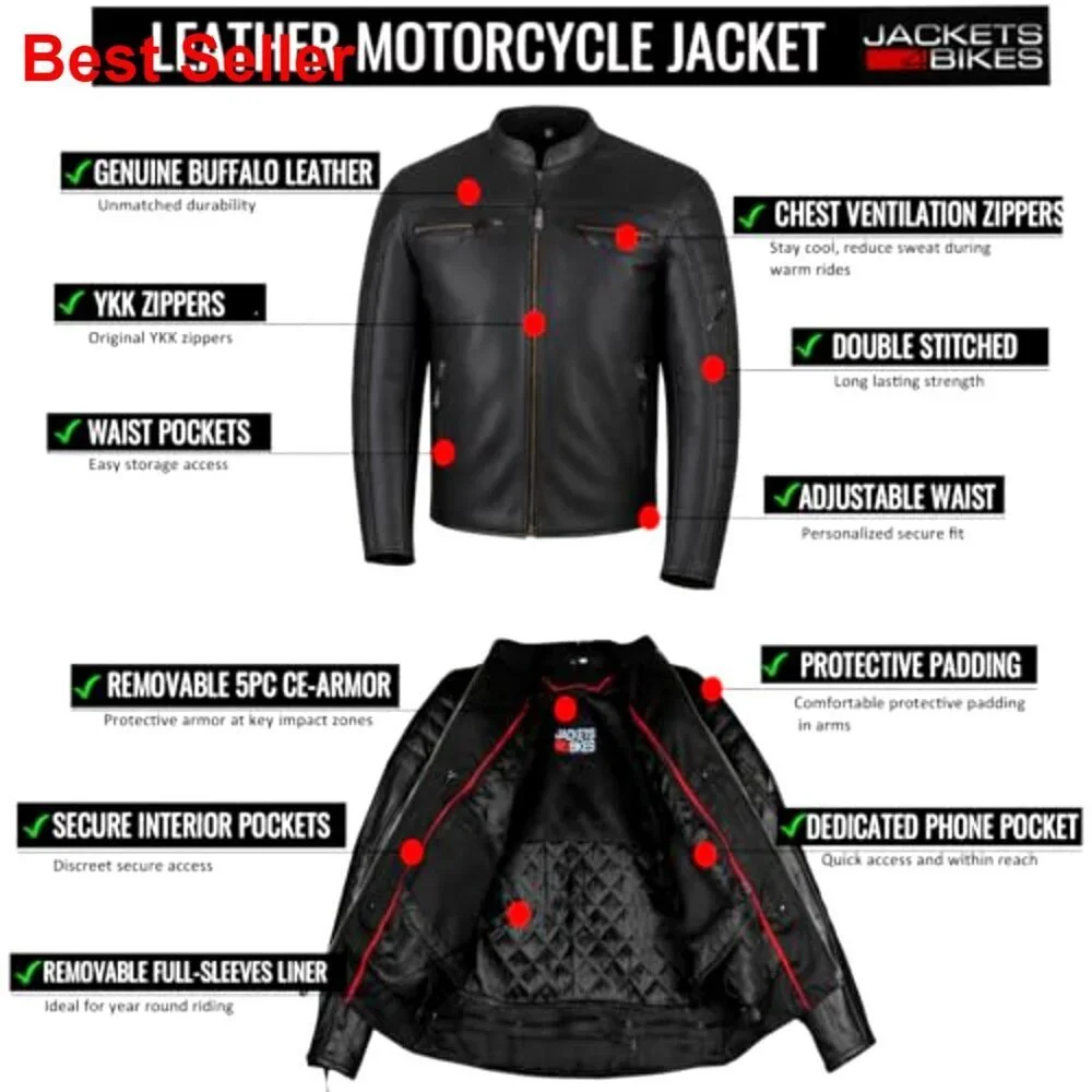 Motorcycle Jacket Natural Buffalo Leather CE Armor Ventilation